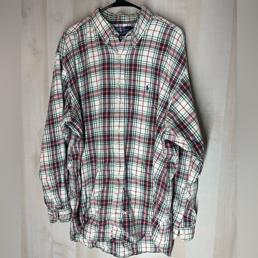 Ralph Lauren plaid long sleeve button front shirt red white blue green, size XL